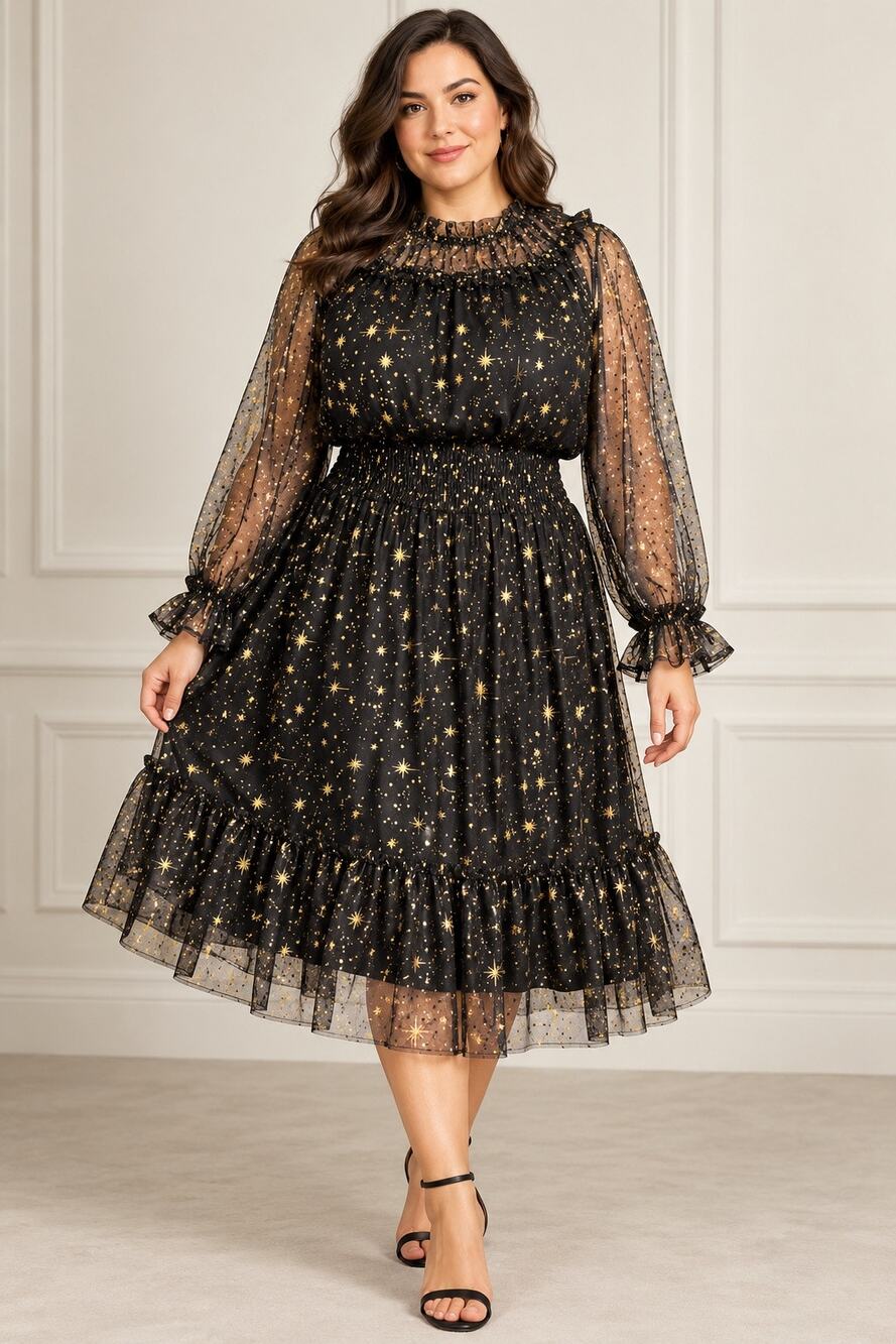 NWT Skies Are Blue Curvy Black Gold Star Print Sheer Sleeve Dress 2X